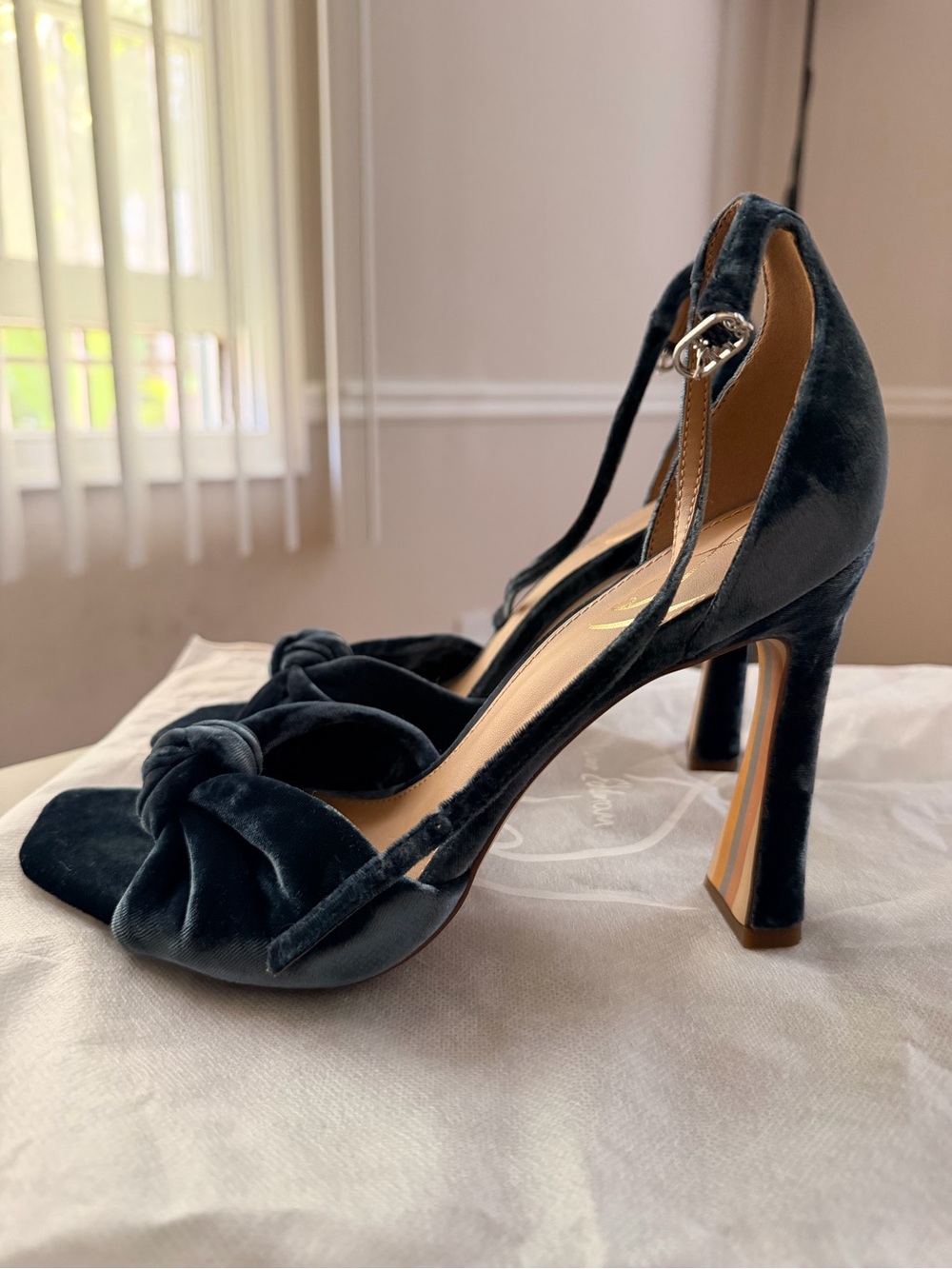 Velvet Knot Front Ankle-Strap Heels in Teal - Picture 2 of 4
